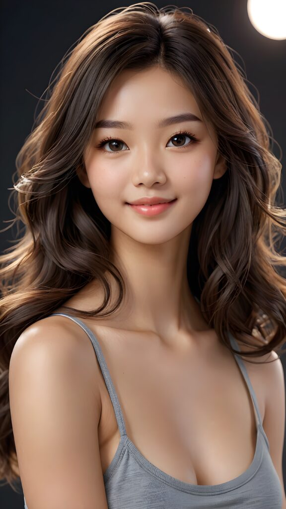 ((super-realistic cute Asian girl)) ((4k)) ((sharp focus)) ((realistic long wavy hair)) ((realistic gray eyes)) ((detailed face)) ((perfect anatomy)) ((curved body)) ((delicate jaw)) ((smile)) ((face illuminated)) (((looks at the camera))) ((wearing a cropped short tank top)) ((stylized colors)) ((dark tone))