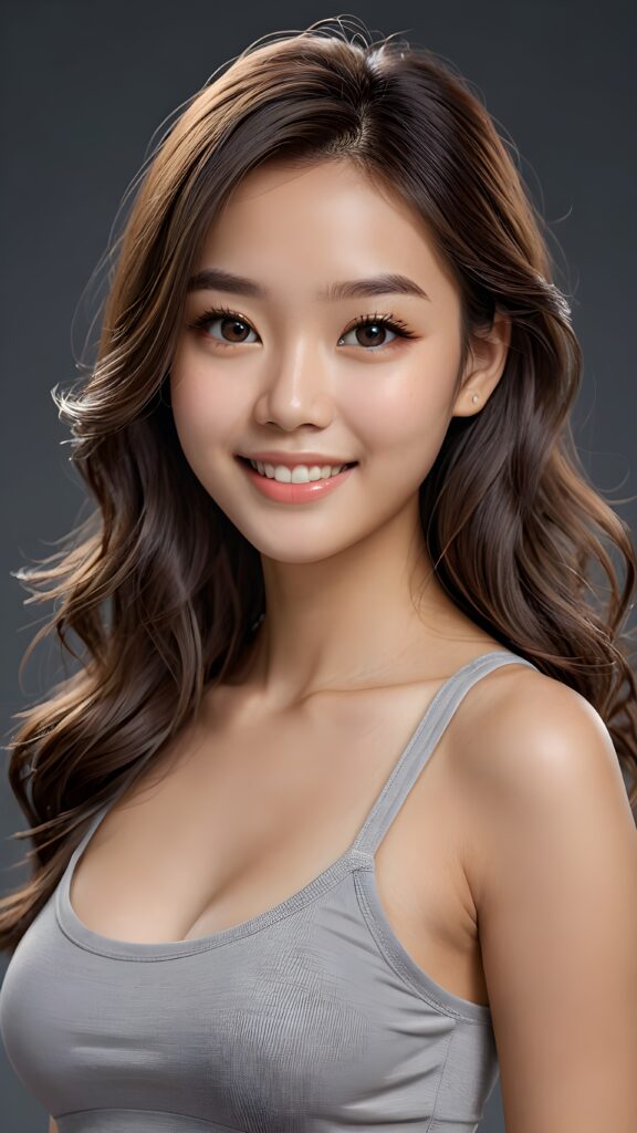 ((super-realistic cute Asian girl)) ((4k)) ((sharp focus)) ((realistic long wavy hair)) ((realistic gray eyes)) ((detailed face)) ((perfect anatomy)) ((curved body)) ((delicate jaw)) ((smile)) ((face illuminated)) (((looks at the camera))) ((wearing a cropped short tank top)) ((stylized colors)) ((dark tone))