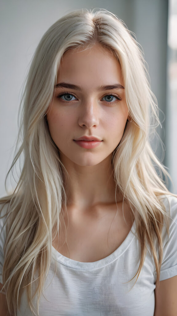 super realistic, detailed portrait, a beautiful young girl with super soft COLOR long hair looks sweetly into the camera. She wears a white t-shirt