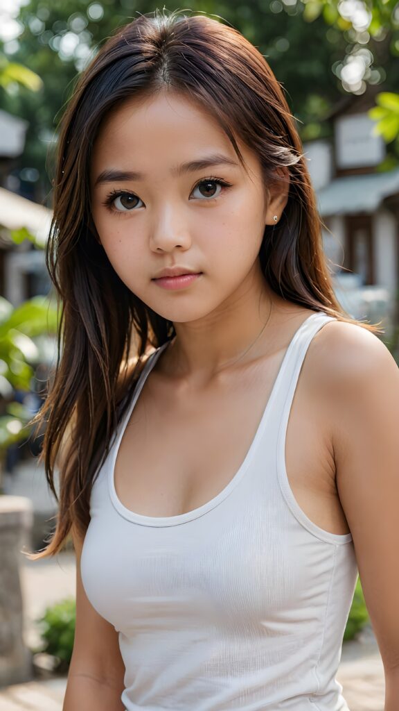 super realistic, detailed face, cute 14 years old Asian girl, long straight hair, realistic detailed eyes, wear white short tight tank top, looks sadly at the camera, perfect curved body