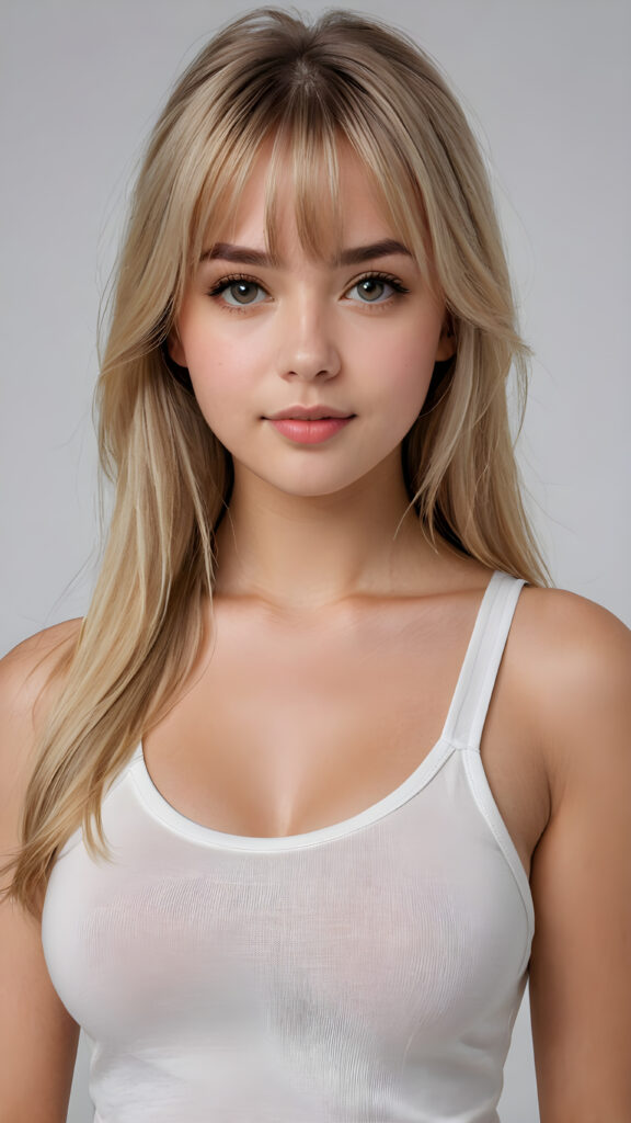 super realistic, 4k, detailed face, perfect curved body, cute well busty teen girl, long blonde straight hair, bangs cut, wear only a white short tight tank top, looks at the camera, portrait shot