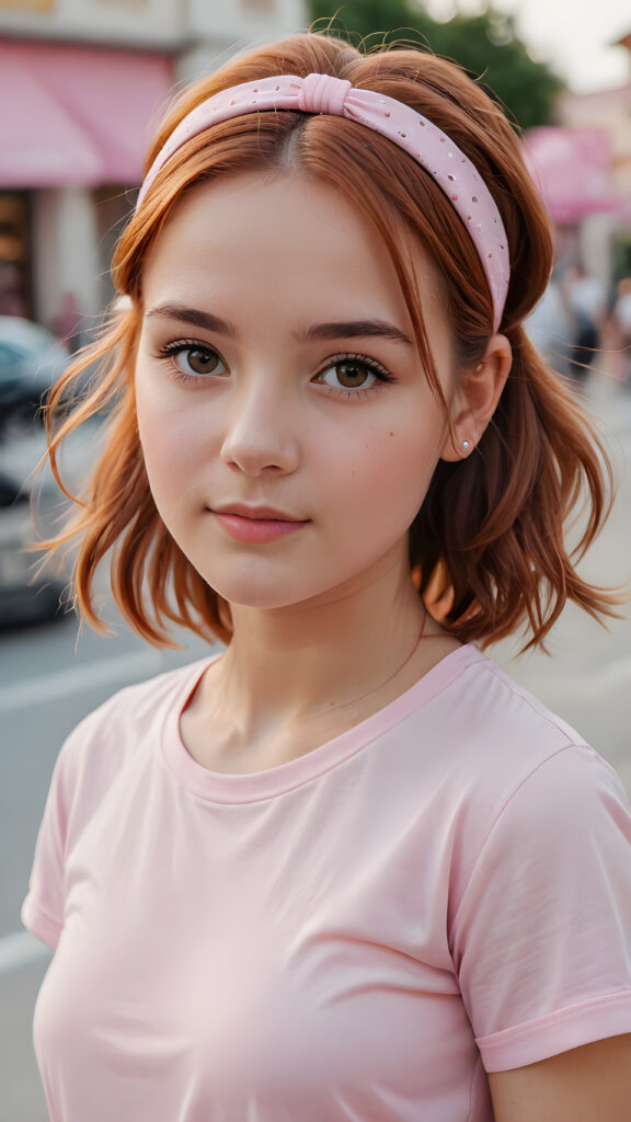 super realistic, 4k, detailed, a cute petite girl with long auburn hair in a ((plastic headband)), ((light pink t-shirt))