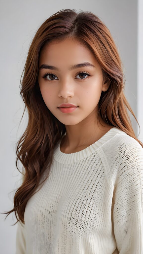 super realistic, detailed portrait, a beautiful young brown-skinned teen girl, 14 years old, perfect body, with long soft brown straight hair, and ((full lips)), looks sweetly into the camera, she wears a thin crop ((white sweater)) against ((light background))