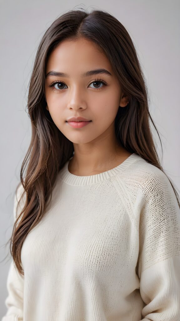 super realistic, detailed portrait, a beautiful young brown-skinned teen girl, 14 years old, perfect body, ((with long soft straight hair)), and ((full lips)), looks sweetly into the camera, she wears a thin crop ((white sweater)) against ((light background))