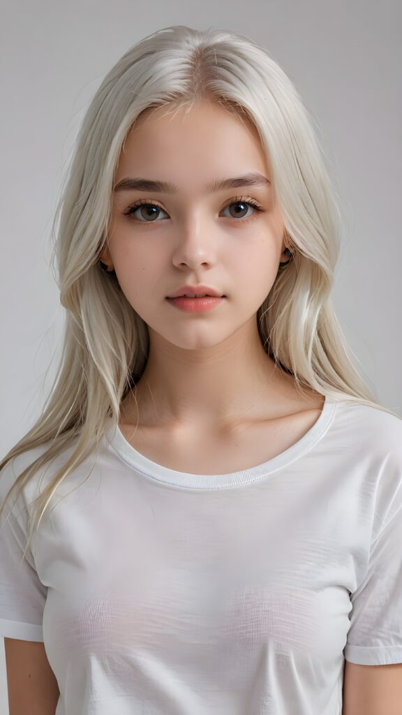 super realistic, detailed upper-body portrait, a beautiful young teen girl, 14 years old, perfect body, ((with long soft platinum white straight hair)), and ((full lips)), looks sweetly into the camera, she wears a thin ((white crop t-shirt)) against ((light background))