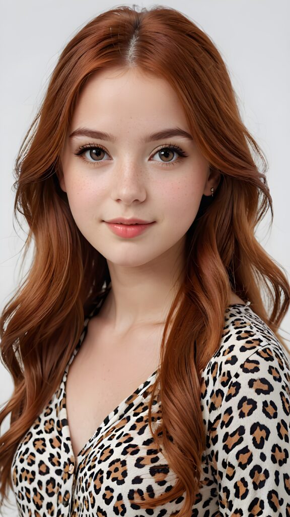 super realistic, 4k, detailed face, perfect curved body, cute young teen girl, long straight red hair, looks at the camera, portrait shot, white background, dressed in leopard pattern