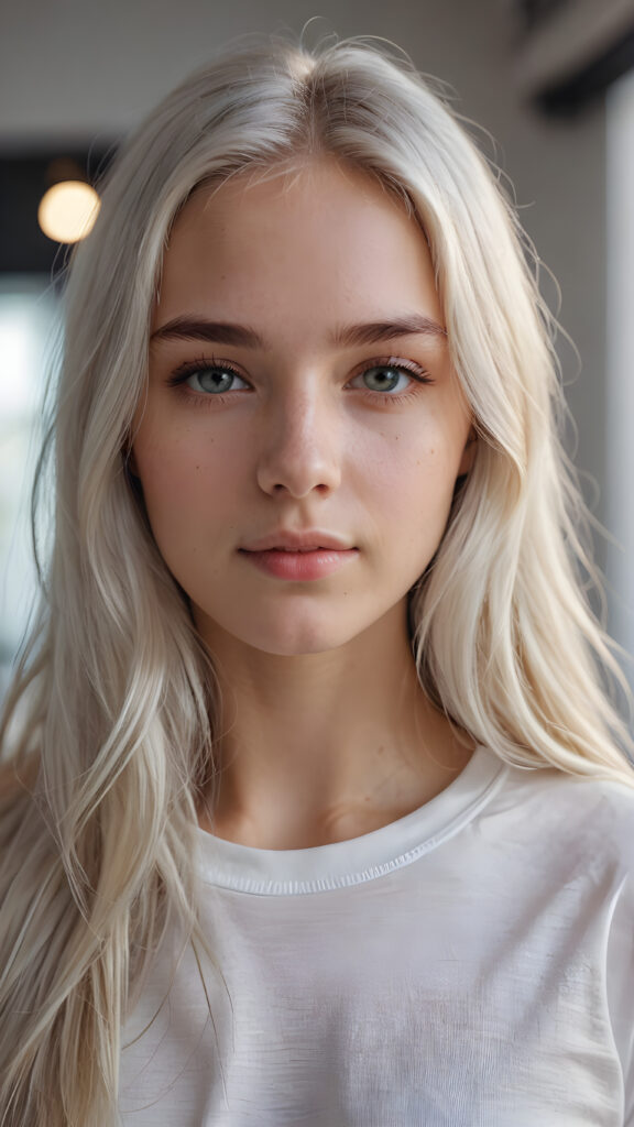 super realistic, detailed portrait, a beautiful young girl with super soft COLOR long hair looks sweetly into the camera. She wears a white t-shirt