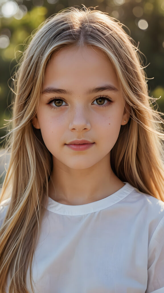 super realistic, detailed portrait, a beautiful young girl, 13 years old, with long soft straight gold hair looks sweetly into the camera. She wears a white shirt