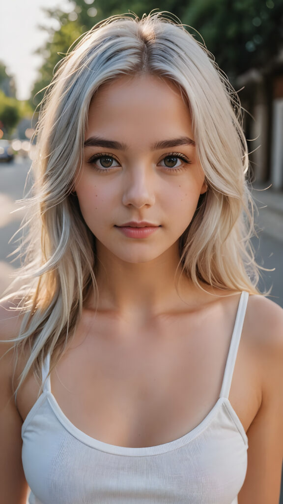 super realistic, detailed portrait, a beautiful young girl with long silver hair looks sweetly into the camera. She wears a white short tank top