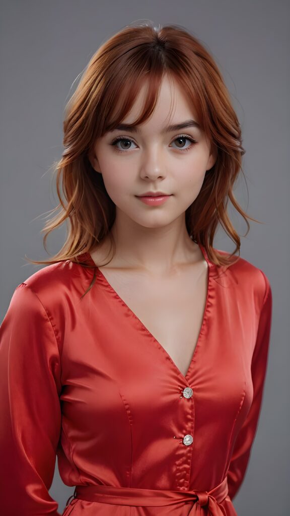 super realistic, 4k, detailed face, perfect curved body, cute young teen girl, bangs cut, straight red hair, red nightsuit made of silk, looks at the camera, portrait shot, grey background