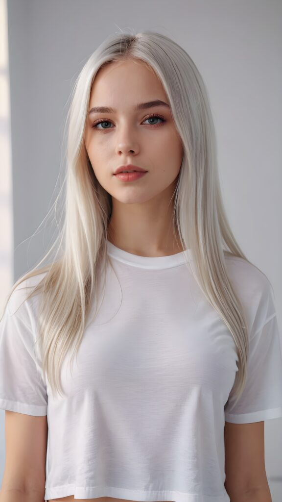 super realistic, detailed upper-body portrait, a beautiful young and petite girl, perfect body, ((with long soft platinum white straight hair)), and ((full lips)), looks sweetly into the camera, she wears a thin ((white crop t-shirt)) against ((light background))