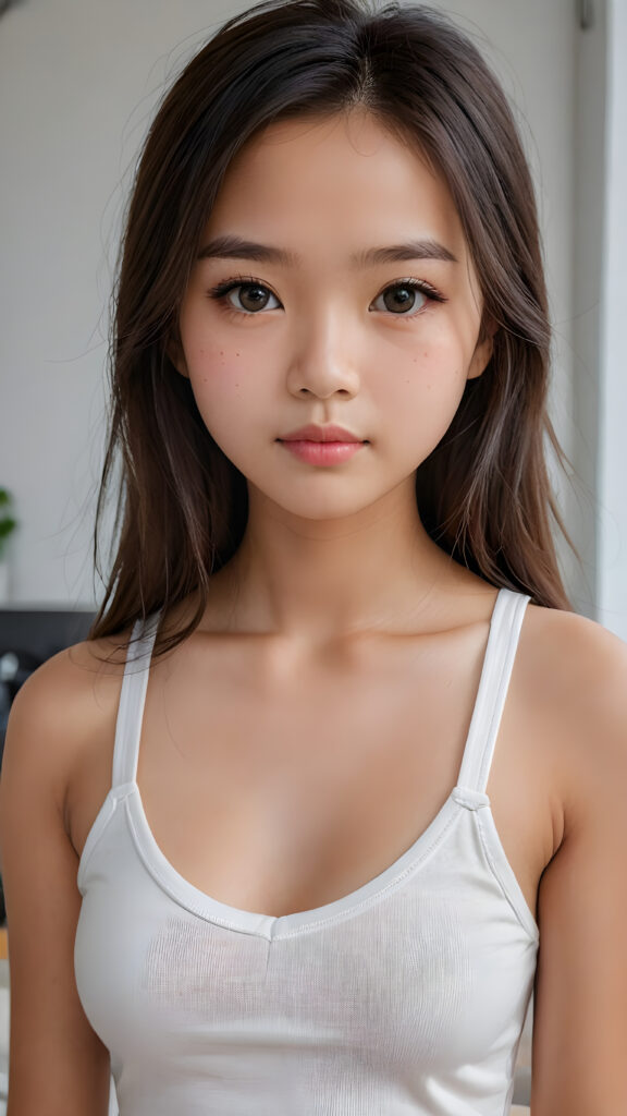 super realistic, detailed face, cute innocent 14 years old Asian girl, long straight super soft hair, realistic detailed eyes, wear white short plain tight tank top with deep v-neck, looks sadly at the camera, perfect curved body