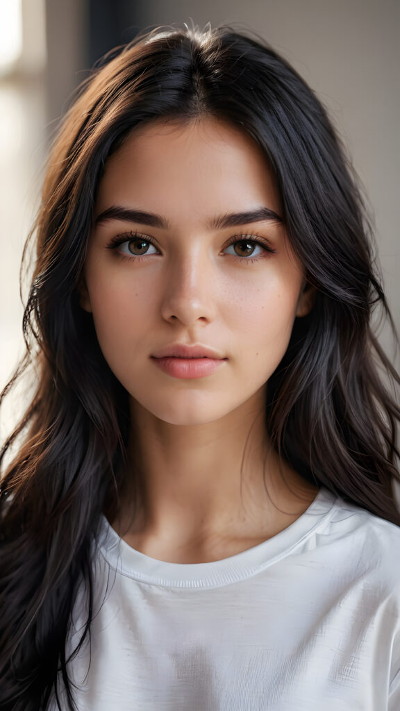 super realistic, detailed portrait, a beautiful young girl with super soft COLOR long hair looks sweetly into the camera. She wears a white t-shirt