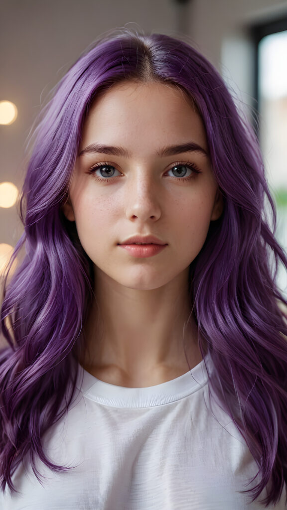 super realistic, detailed portrait, a beautiful young girl with super soft COLOR long hair looks sweetly into the camera. She wears a white t-shirt