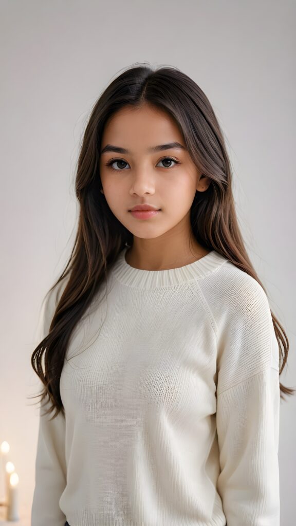 super realistic, detailed portrait, a beautiful young brown-skinned teen girl, 14 years old, perfect body, with long soft black straight hair, and ((full lips)), looks sweetly into the camera, she wears a thin crop ((white sweater)) against ((light background))