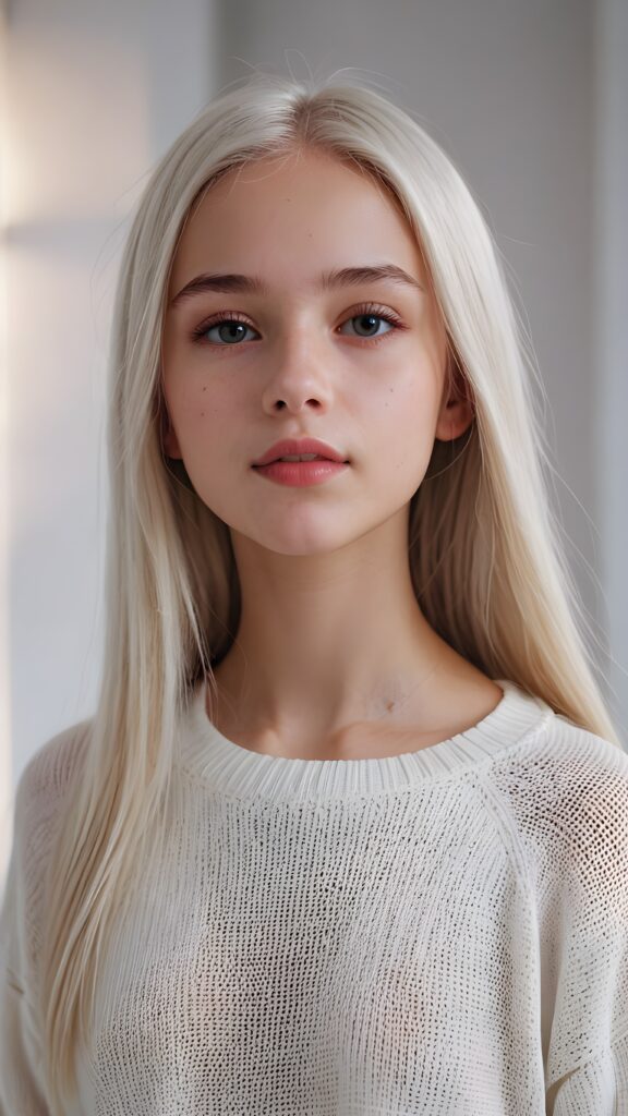 super realistic, detailed portrait, a beautiful young petite teen girl, 14 years old, perfect body, ((with long soft white straight hair)), and ((full lips)), looks sweetly into the camera, she wears a thin crop ((white sweater)) against ((light background))