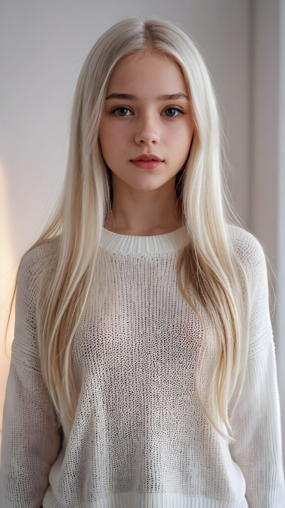 super realistic, detailed portrait, a beautiful young petite teen girl, 14 years old, perfect body, ((with long soft white straight hair)), and ((full lips)), looks sweetly into the camera, she wears a thin crop ((white sweater)) against ((light background))