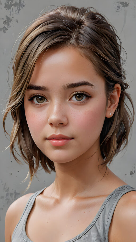 super realistic, 4k, detailed face, perfect curved body, cute young girl, straight soft hair, short tank top, looks at the camera, portrait shot, grey background, side view