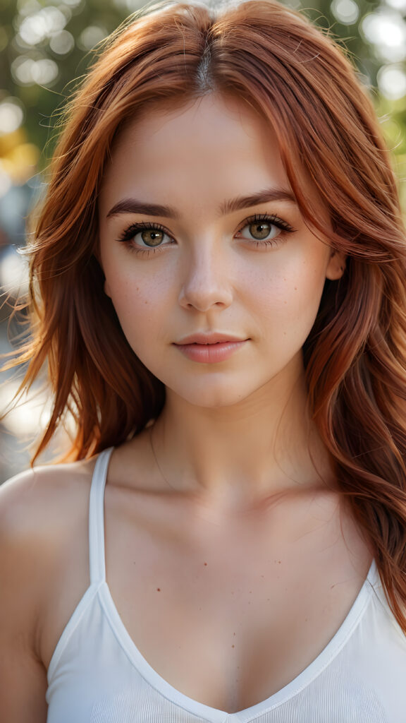 super realistic, detailed portrait, a beautiful young well busty girl with long auburn-red hair looks sweetly into the camera. She wears a white tank top with deep v-neck