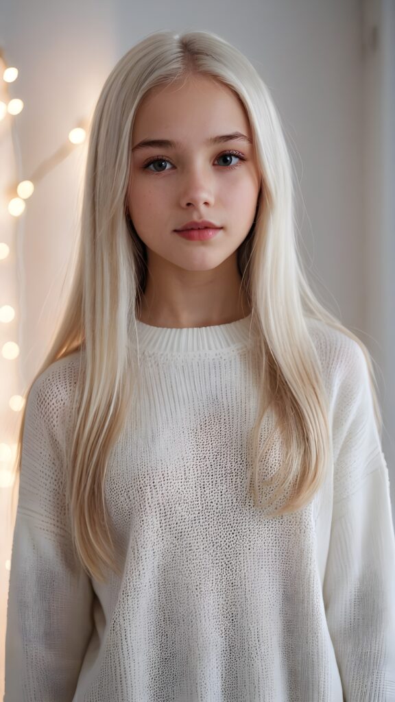 super realistic, detailed portrait, a beautiful young petite teen girl, 14 years old, perfect body, ((with long soft white straight hair)), and ((full lips)), looks sweetly into the camera, she wears a thin crop ((white sweater)) against ((light background))