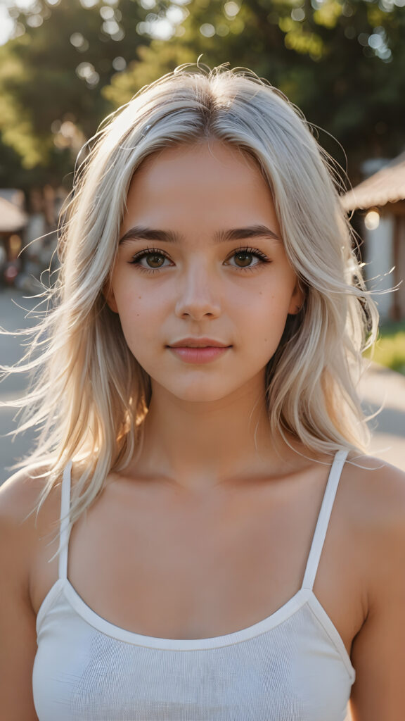 super realistic, detailed portrait, a beautiful young girl with long silver hair looks sweetly into the camera. She wears a white short tank top