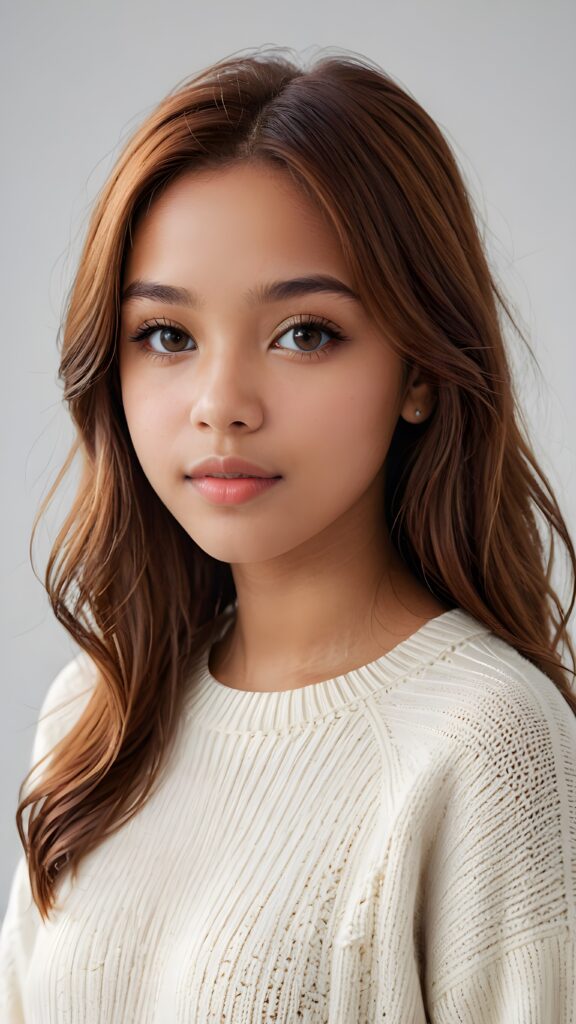 super realistic, detailed portrait, a beautiful young brown-skinned teen girl, 14 years old, perfect body, with long soft brown straight hair, and ((full lips)), looks sweetly into the camera, she wears a thin crop ((white sweater)) against ((light background))