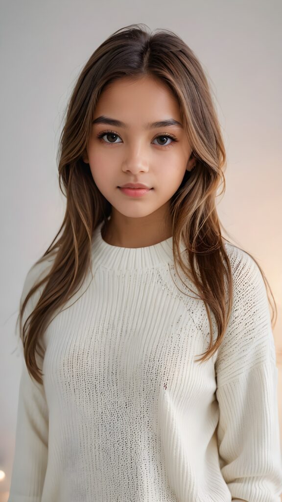 super realistic, detailed portrait, a beautiful young brown-skinned teen girl, 14 years old, perfect body, with long soft brown-blonde straight hair, and ((full lips)), looks sweetly into the camera, she wears a thin crop ((white sweater)) against ((light background))