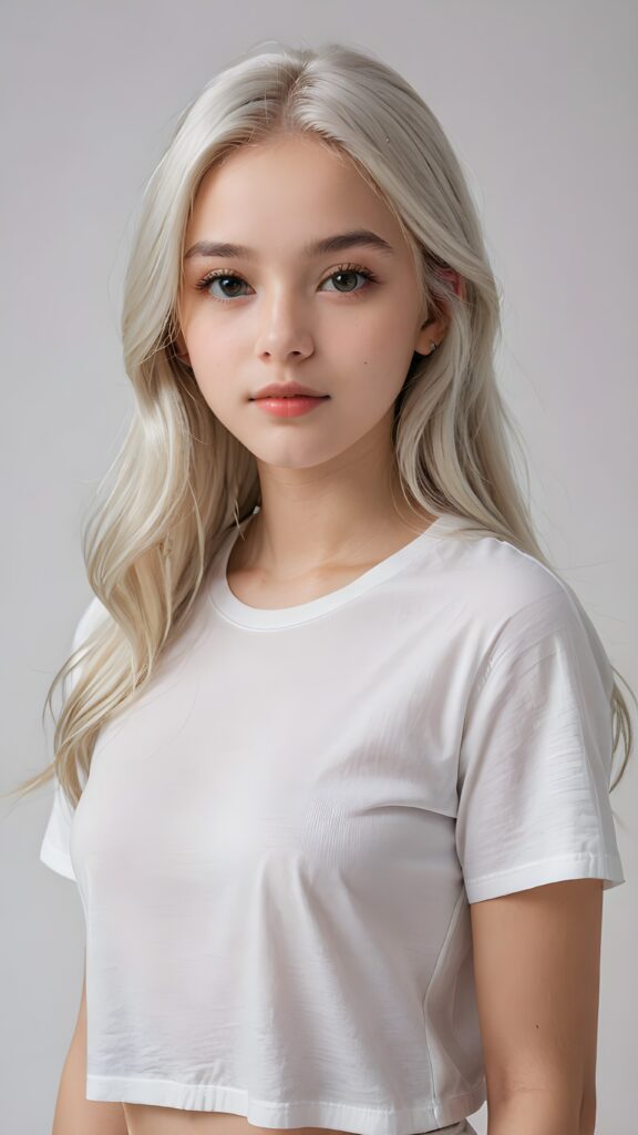 super realistic, detailed upper-body portrait, a beautiful young teen girl, 14 years old, perfect body, ((with long soft platinum white straight hair)), and ((full lips)), looks sweetly into the camera, she wears a thin ((white crop t-shirt)) against ((light background))