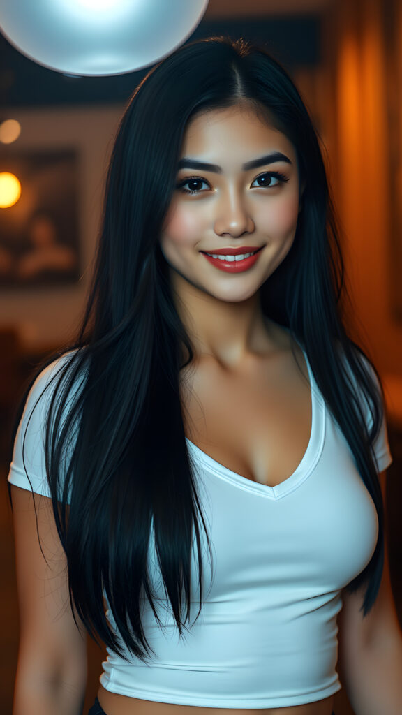 super realistic photo from a young stunning and gorgeous well busty teen girl with long, straight black hair, full lips, detailed eyes, smile, she wears a form-fitting thin white t-shirt with deep v-neck, perfect curved body