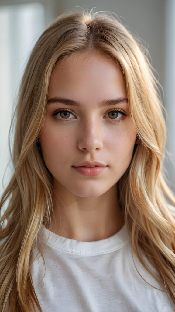 super realistic, detailed portrait, a beautiful young girl with super soft COLOR long hair looks sweetly into the camera. She wears a white t-shirt