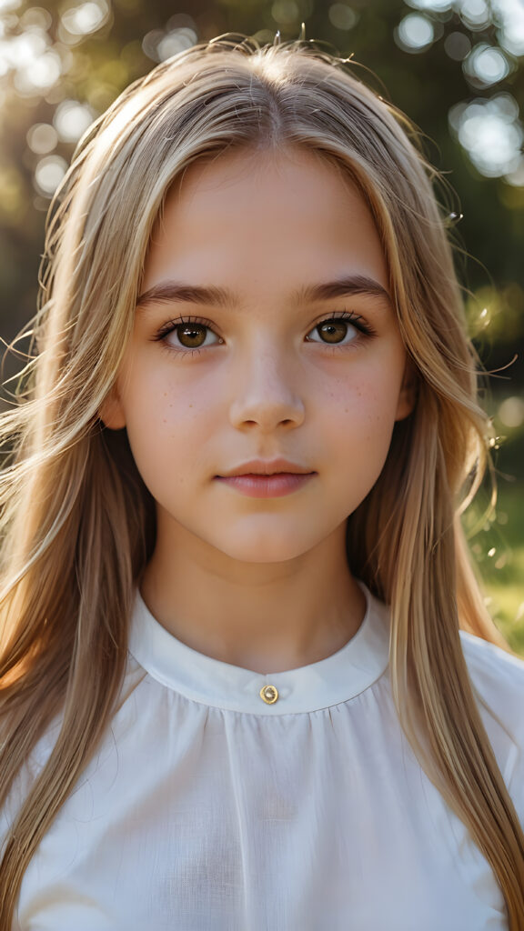 super realistic, detailed portrait, a beautiful young girl, 13 years old, with long soft straight gold hair looks sweetly into the camera. She wears a white shirt