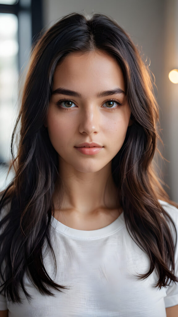 super realistic, detailed portrait, a beautiful young girl with super soft COLOR long hair looks sweetly into the camera. She wears a white t-shirt