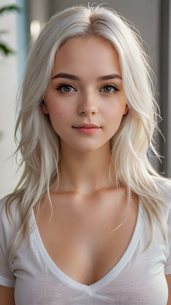 super realistic, detailed portrait, a beautiful young busty girl with long platinum white hair looks sweetly into the camera. She wears a white t-shirt with deep v-neck