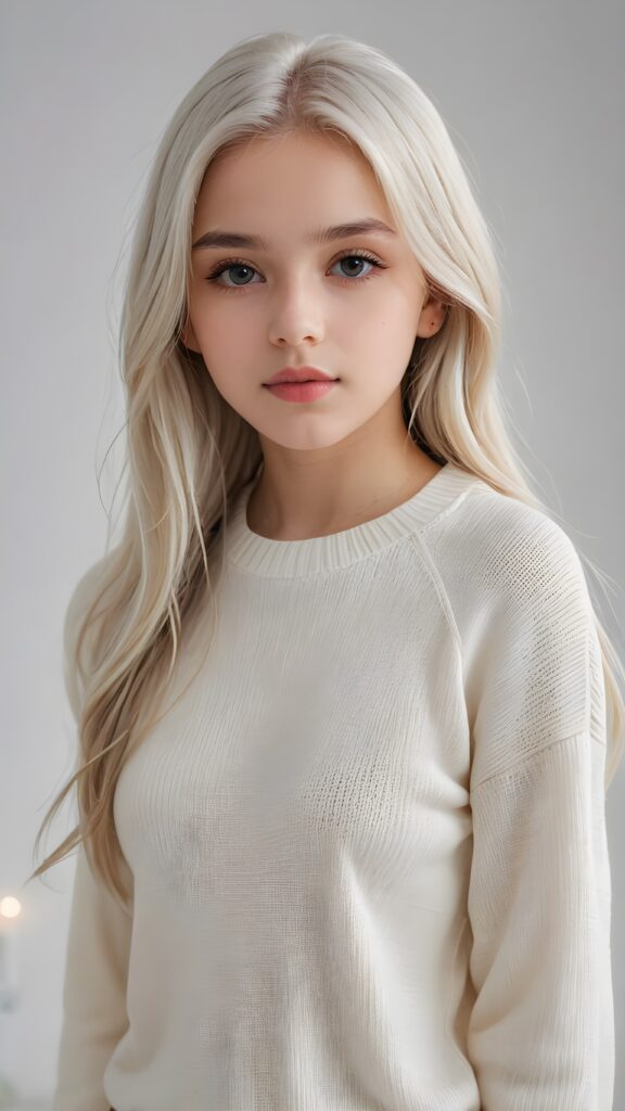 super realistic, detailed portrait, a beautiful young teen girl, 14 years old, perfect body, ((with long soft platinum white straight hair)), and ((full lips)), looks sweetly into the camera, she wears a thin crop ((white sweater)) against ((light background))