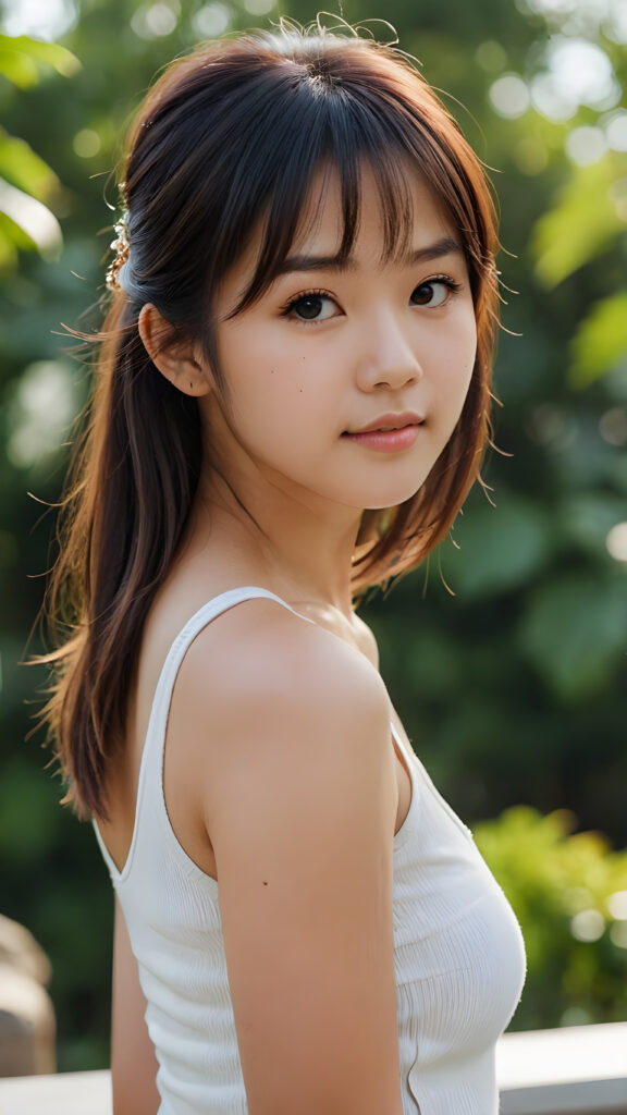 super realistic, 4k, detailed face, perfect curved body, cute Asian teen girl, long straight soft hair, bangs cut, wear only a white short tight tank top, looks at the camera, portrait shot