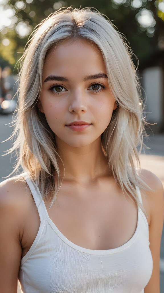 super realistic, detailed portrait, a beautiful young girl with long silver hair looks sweetly into the camera. She wears a white short tank top