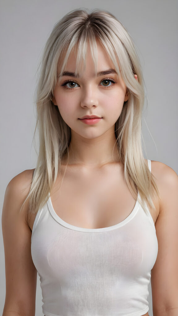 super realistic, 4k, detailed face, perfect curved body, cute teen girl, long white straight hair, bangs cut, wear only a white short tight tank top, looks at the camera, portrait shot