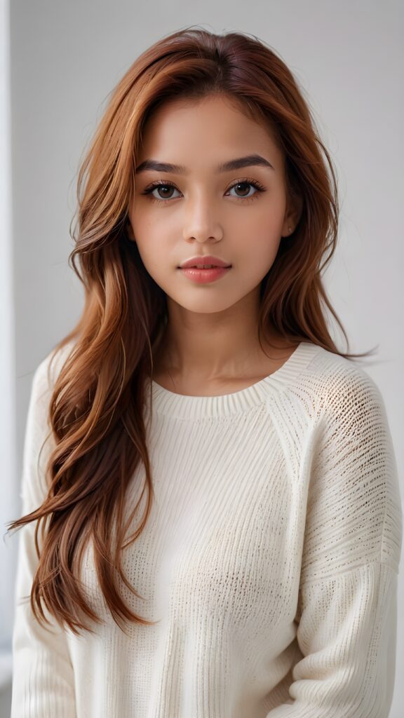 super realistic, detailed portrait, a beautiful young brown-skinned girl, perfect body, with long soft auburn-red straight hair, and ((full lips)), looks sweetly into the camera, she wears a thin crop ((white sweater)) against ((light background))