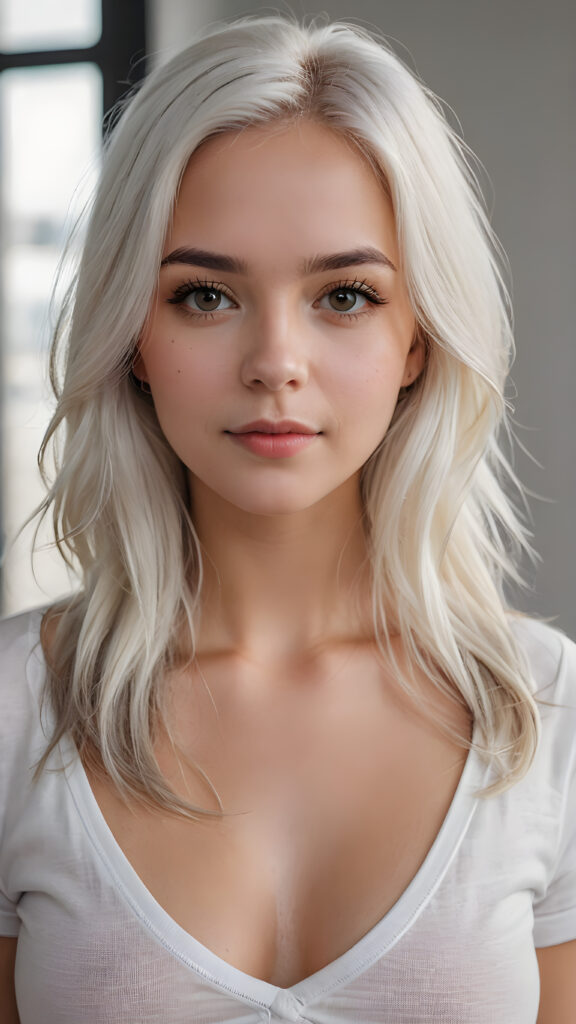 super realistic, detailed portrait, a beautiful young busty girl with long platinum white hair looks sweetly into the camera. She wears a white t-shirt with deep v-neck