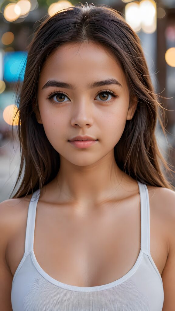 super realistic, detailed face, cute 17 years old Exotic girl, long straight hair, realistic detailed eyes, wear white short tight tank top, looks sadly at the camera, perfect curved body