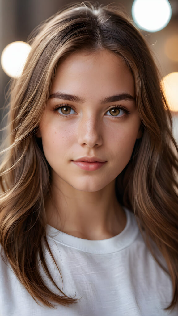 super realistic, detailed portrait, a beautiful young girl with super soft COLOR long hair looks sweetly into the camera. She wears a white t-shirt