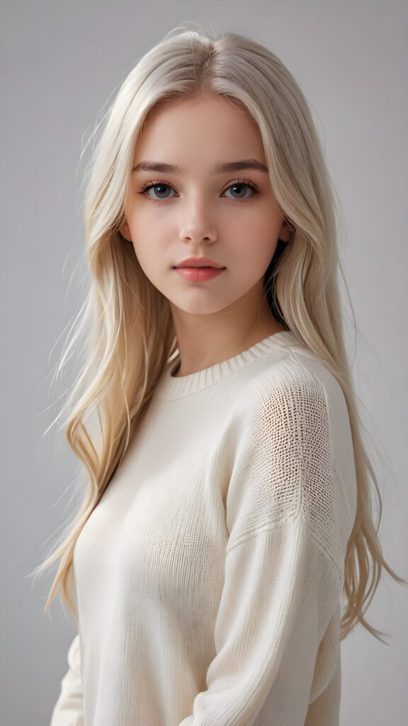 super realistic, detailed portrait, a beautiful young teen girl, 14 years old, perfect body, ((with long soft white straight hair)), and ((full lips)), looks sweetly into the camera, she wears a thin crop ((white sweater)) against ((light background))