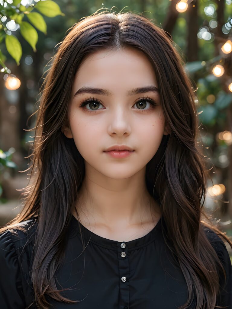 super realistic, detailed portrait, a beautiful young goth teen girl with long soft hair looks sweetly into the camera. She wears a black shirt