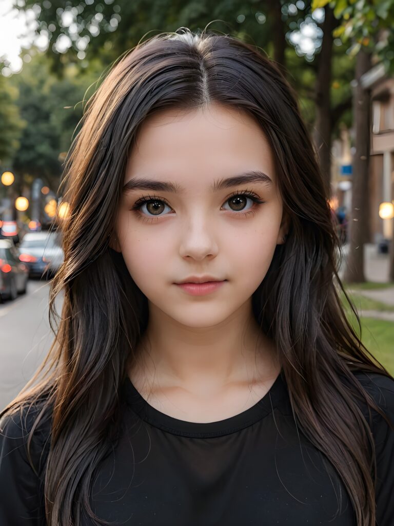 super realistic, detailed portrait, a beautiful young goth teen girl with long soft hair looks sweetly into the camera. She wears a black shirt