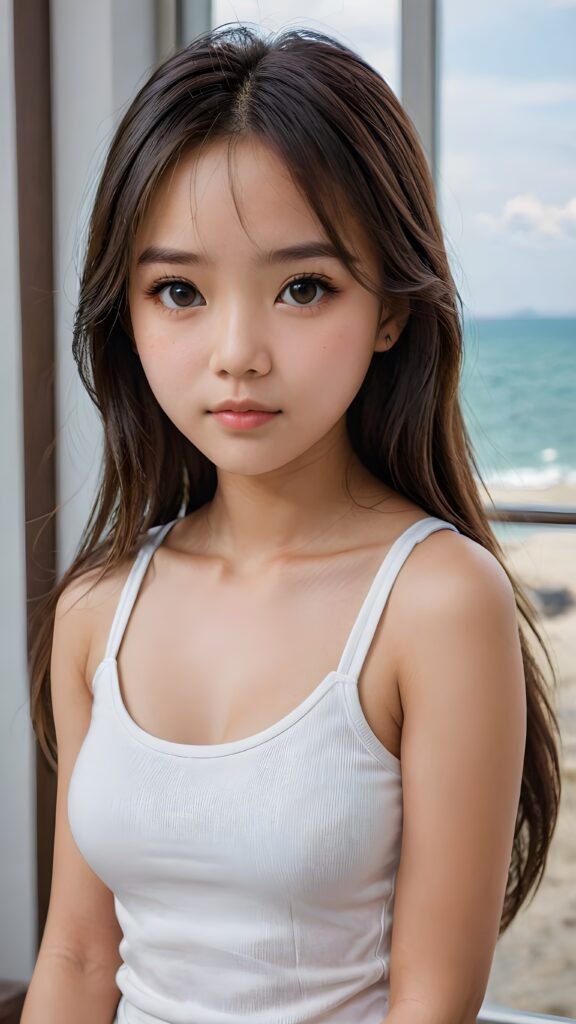 super realistic, detailed face, cute 14 years old Asian girl, long straight hair, realistic detailed eyes, wear white short tight tank top, looks sadly at the camera, perfect curved body