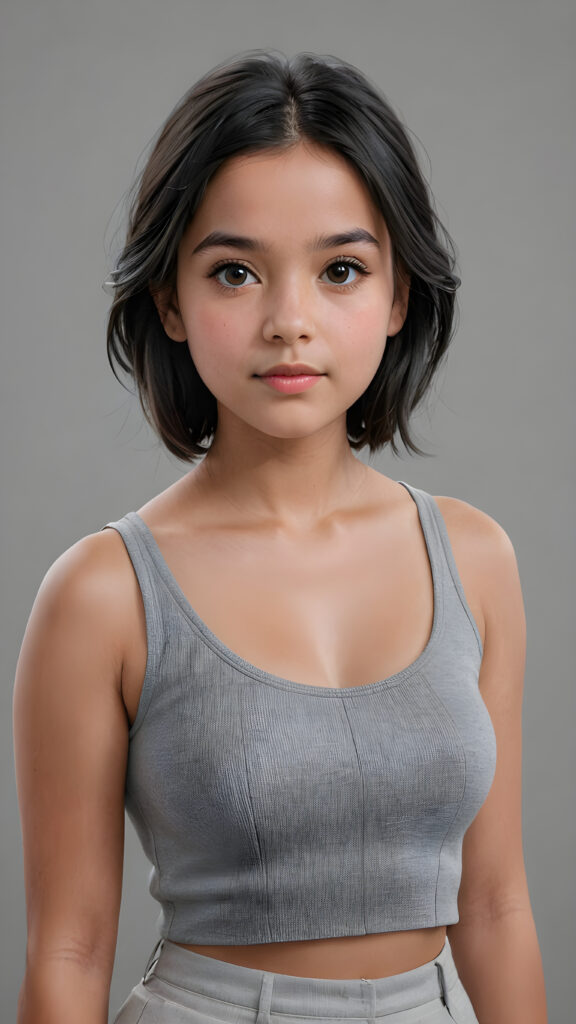 super realistic, 4k, detailed face, perfect curved body, cute young girl, straight black hair, crop top, looks at the camera, portrait shot, grey background, ((pencil drawing in grey))