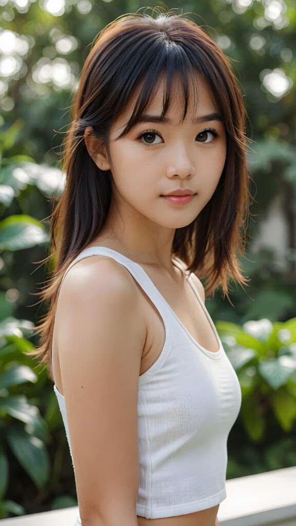 super realistic, 4k, detailed face, perfect curved body, cute Asian teen girl, long straight soft hair, bangs cut, wear only a white short tight tank top, looks at the camera, portrait shot