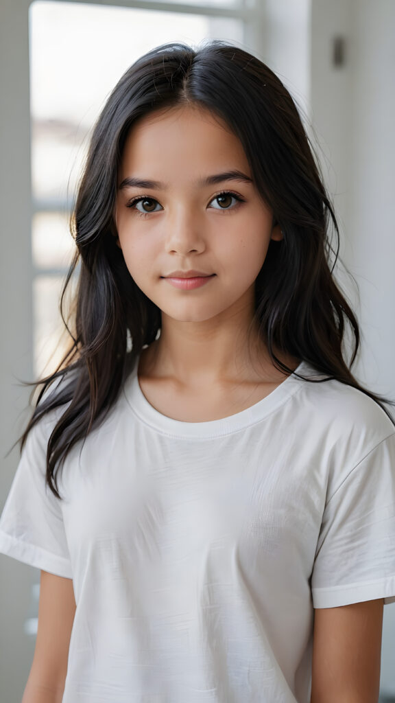 super realistic, detailed portrait, a beautiful young girl, 13 years old, with long soft obsidian black hair looks sweetly into the camera, ((she wears a white plain t-shirt))