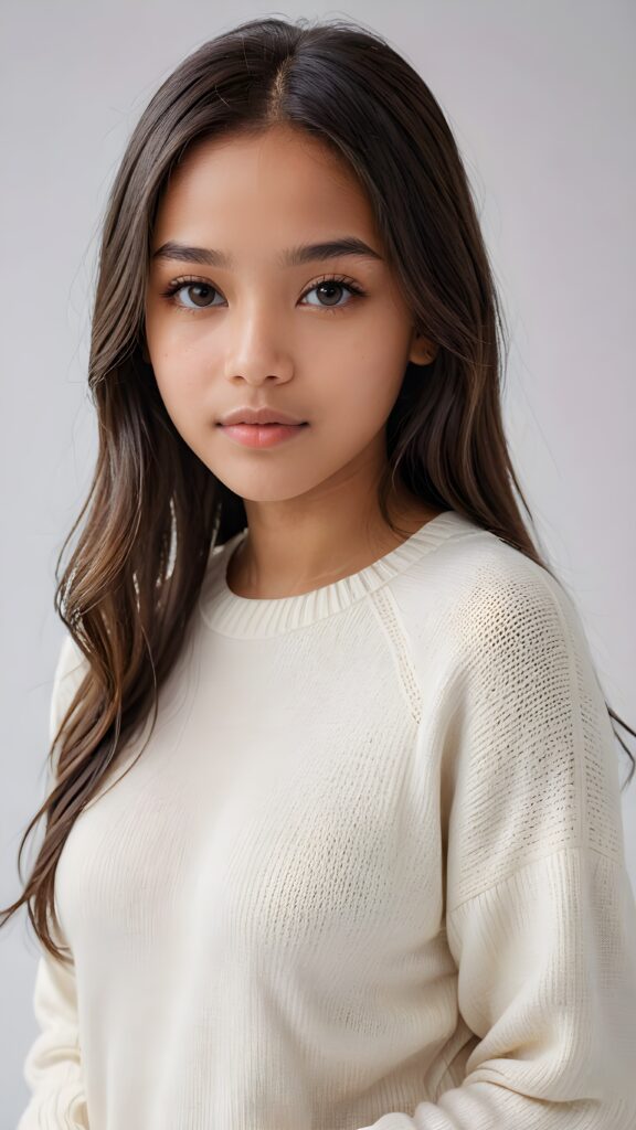 super realistic, detailed portrait, a beautiful young brown-skinned teen girl, 14 years old, perfect body, ((with long soft straight hair)), and ((full lips)), looks sweetly into the camera, she wears a thin crop ((white sweater)) against ((light background))