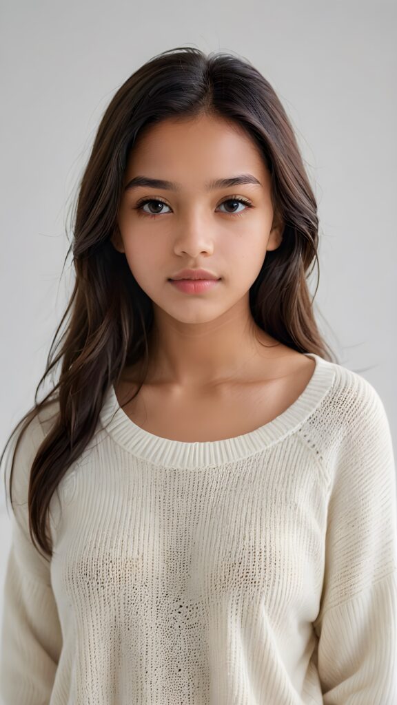 super realistic, detailed portrait, a beautiful young brown-skinned teen girl, 14 years old, perfect body, with long soft black straight hair, and ((full lips)), looks sweetly into the camera, she wears a thin crop ((white sweater)) against ((light background))